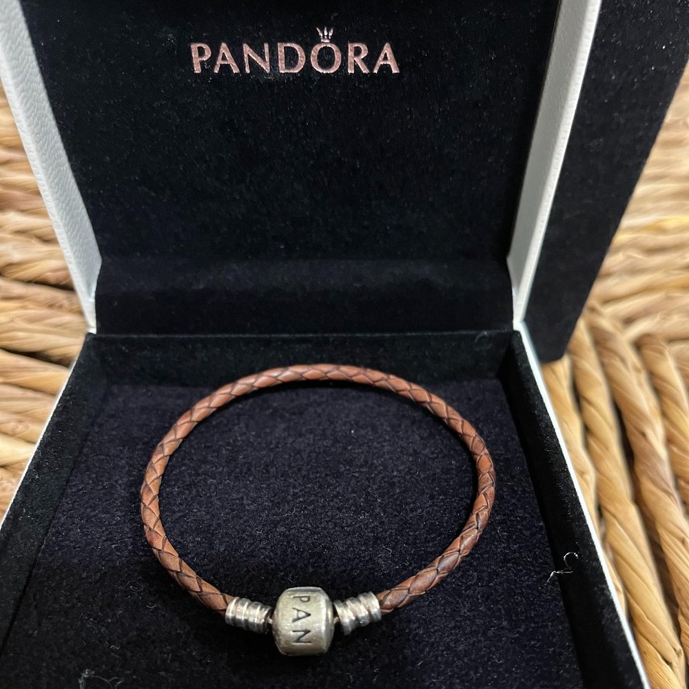 Pandora Moments Clasp Braided Brown Leather Bracelet-Preowned